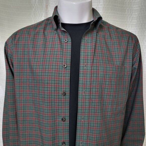 L.L. BEAN Wrinkle Resistant Shirt Lt-Mid Weight Cotton Plaid Green Red Men's M - Picture 4 of 13